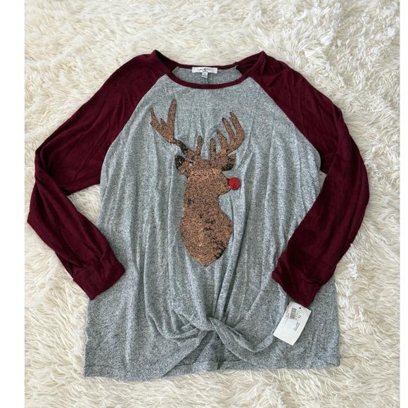 Moa Moa Woman 1X Christmas Reindeer Sequin Red Nose Raglan Long Sleeve Top NWT - Picture 1 of 6
